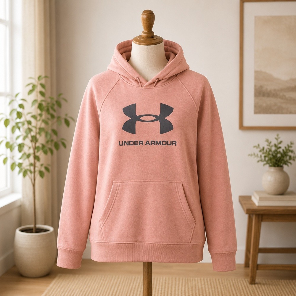 Under Armour Rival Fleece Hoodie Womens Medium Pink Logo Pullover Sweatshirt - Picture 1 of 7